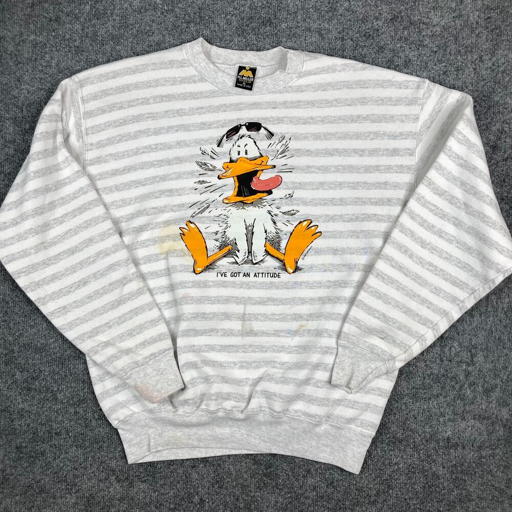 H.L. Miller Gold Sweatshirt Mens XL Gray Striped Daffy Duck‎ USA Vintage